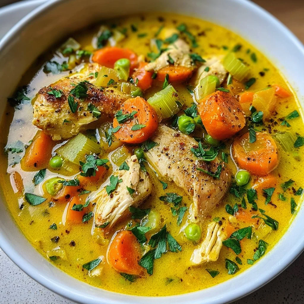 Bowl of anti-inflammatory turmeric chicken soup with herbs and spices.