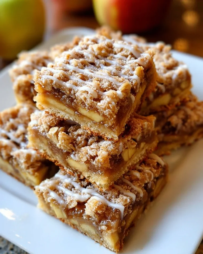 Freshly baked apple bars with cinnamon and apple slices on a plate