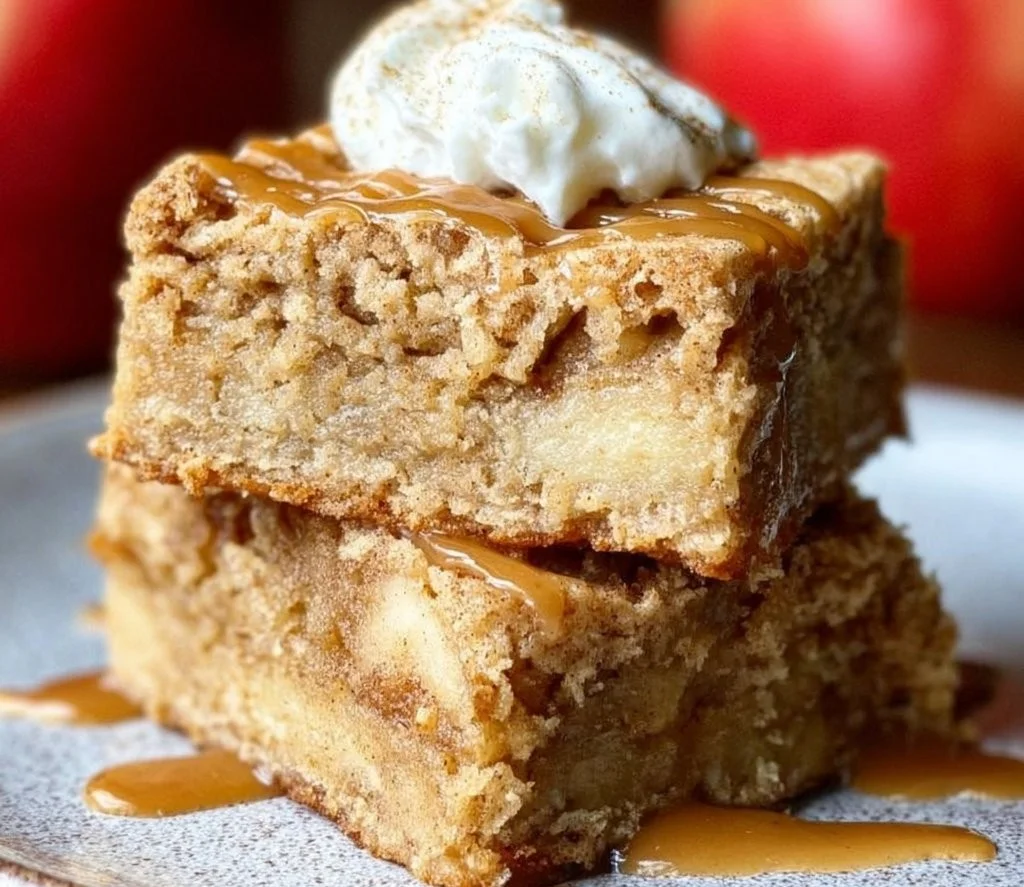 Delicious homemade Apple Blondies topped with caramel and fresh apples