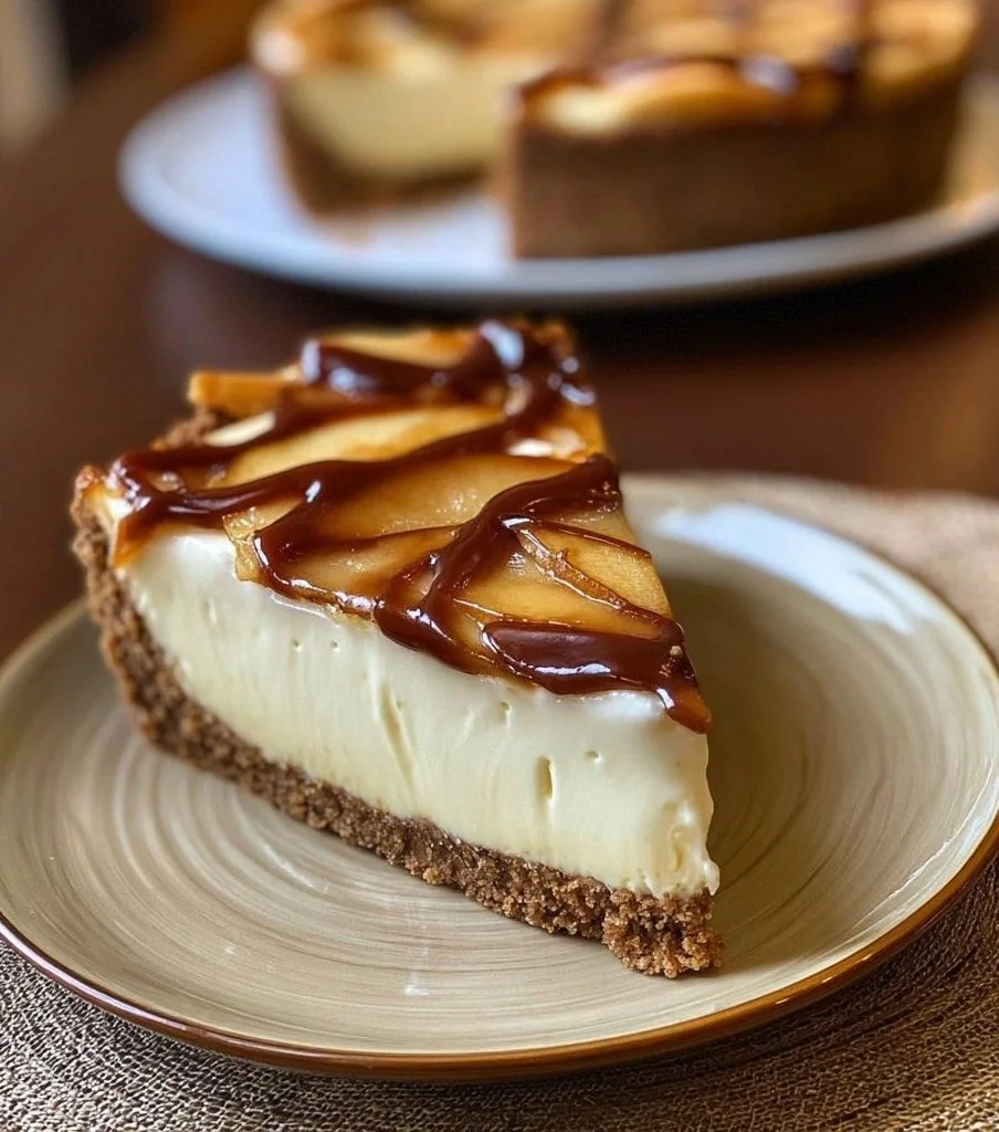 Slice of apple butter cheesecake on a plate with a fork
