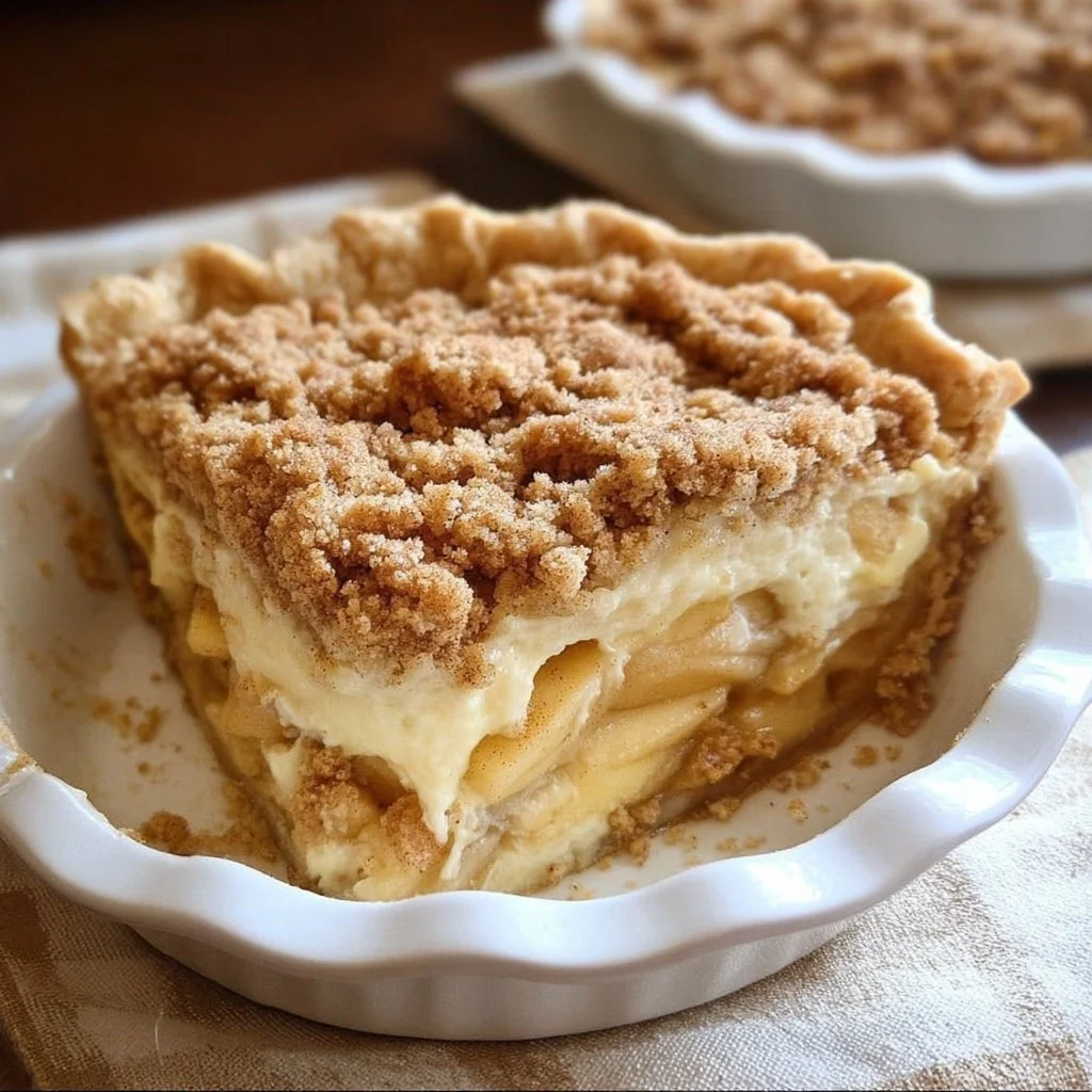 Delicious Apple Cheesecake Crumb Pie served on a plate with a fork.