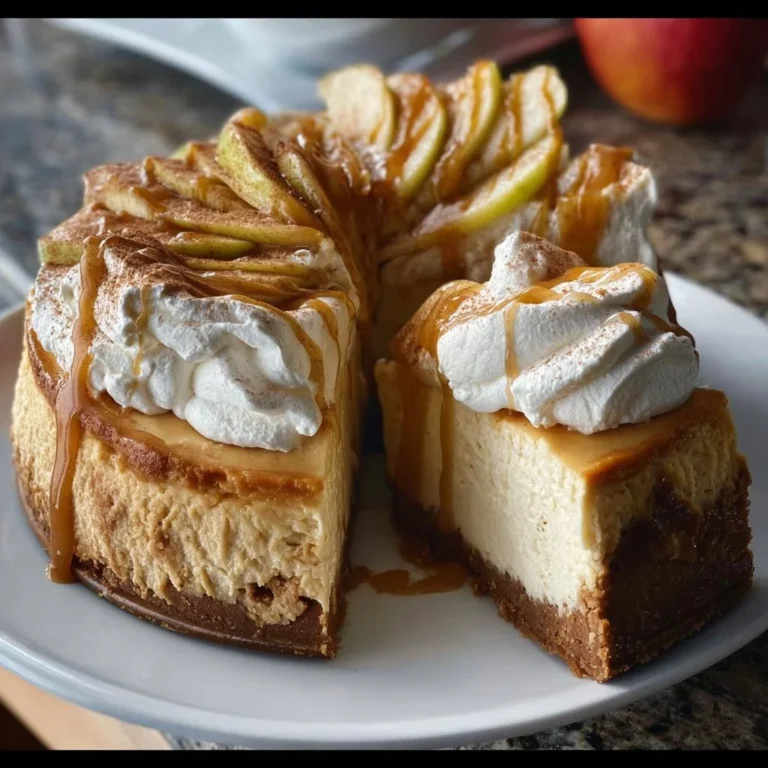 Delicious Apple Cider Cheesecake with caramel drizzle on a plate