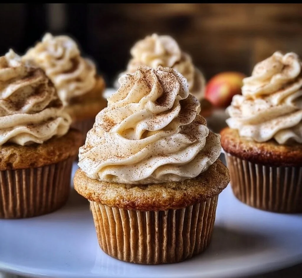 Apple cider cupcakes with spiced buttercream frosting on a decorative platter.