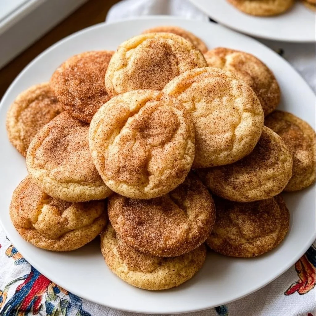 Plate of freshly baked Apple Cider Snickerdoodles with cinnamon sugar