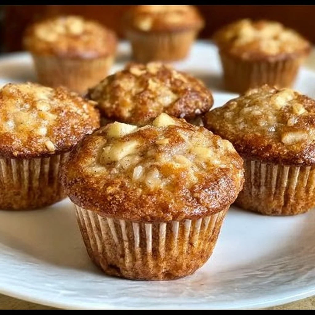 Freshly baked Apple Cinnamon Greek Yogurt Muffins on a wooden table.