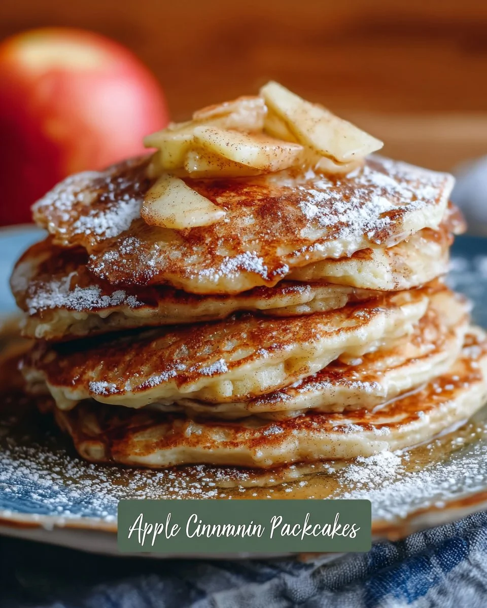 Delicious apple cinnamon pancakes topped with fresh apples and cinnamon syrup