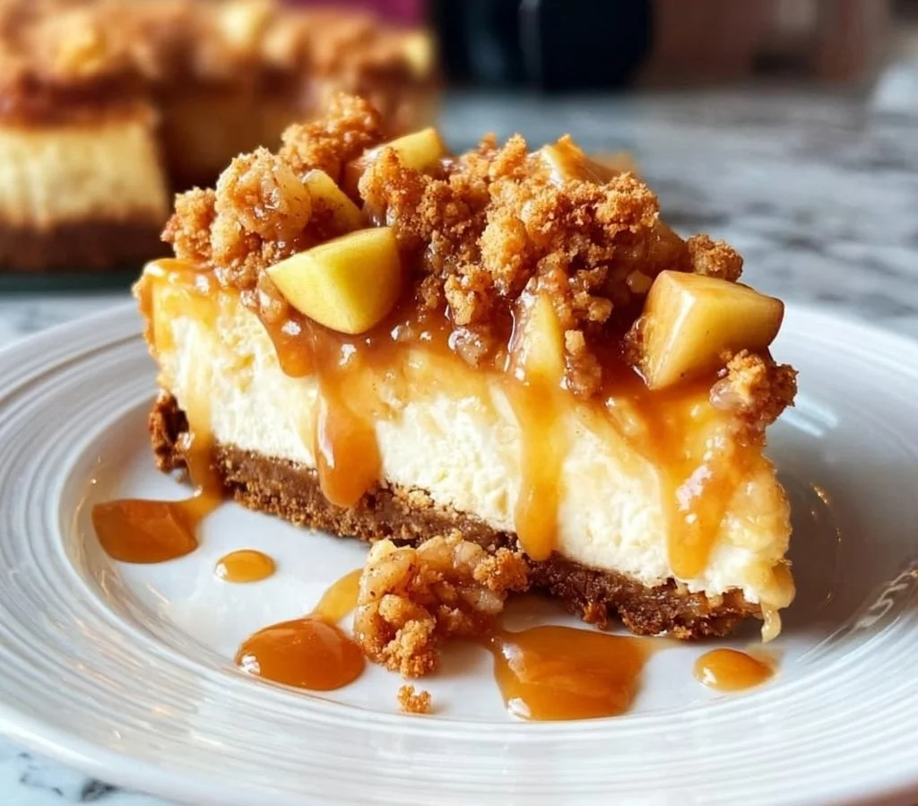 Delicious Apple Crisp Cheesecake topped with crispy apple crumble