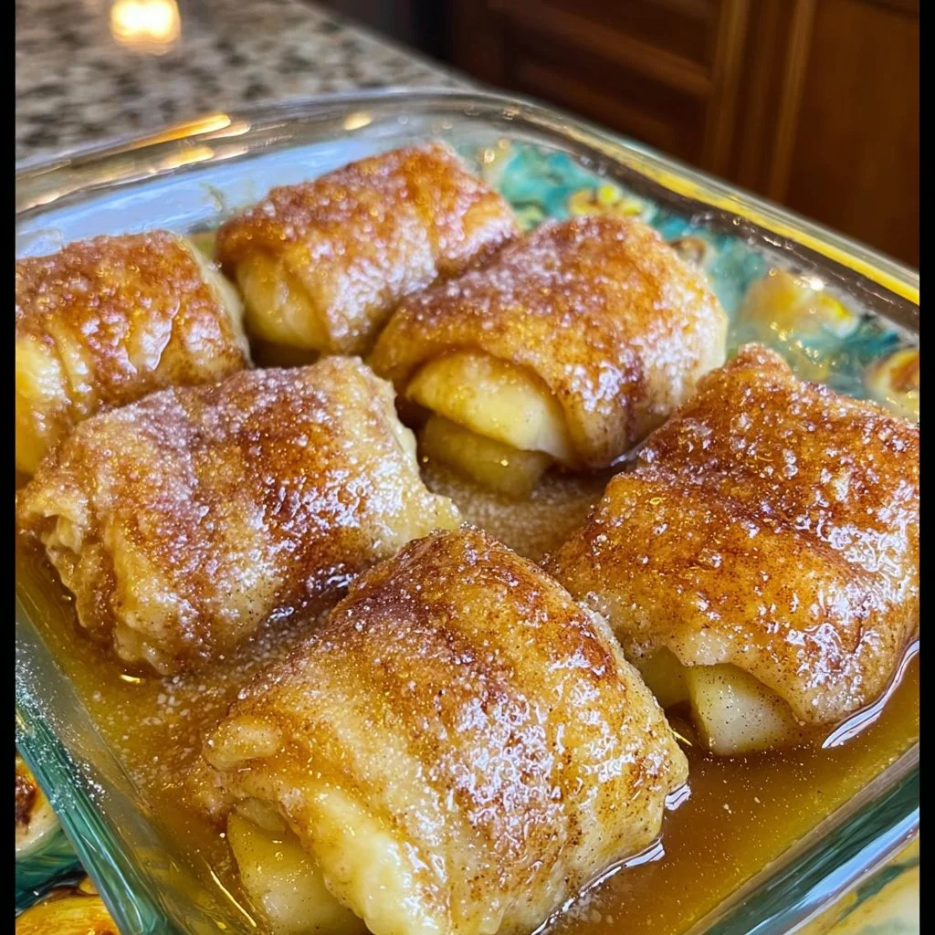 Delicious homemade apple dumplings served with cinnamon sauce
