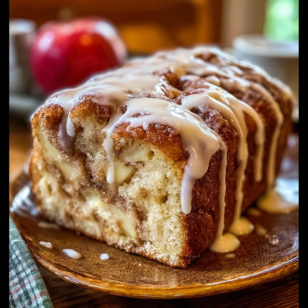Sliced apple fritter bread showcasing apples and a sweet glaze