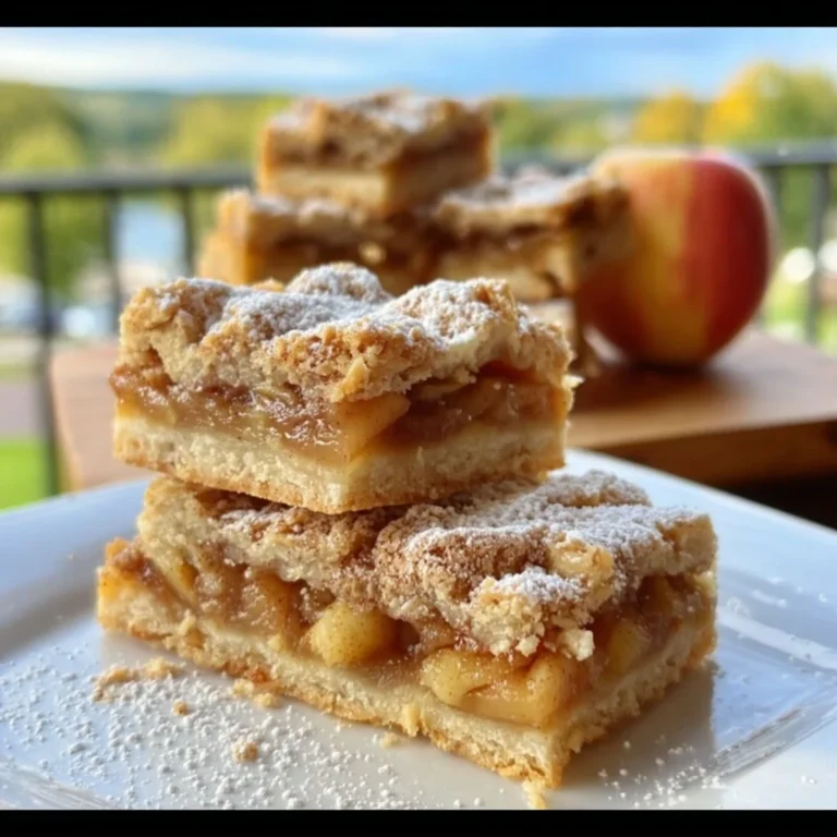 Delicious apple pie bars topped with caramel and cinnamon, served on a plate