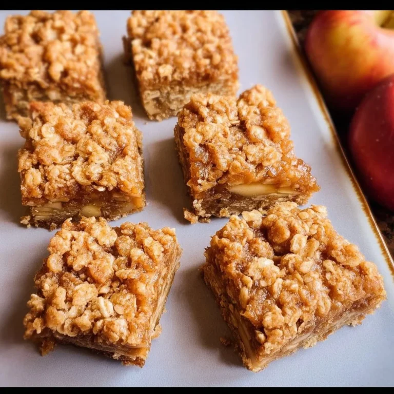 Delicious apple pie oatmeal bars topped with cinnamon and apples.