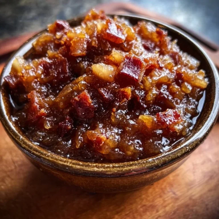 Jar of Apple Whiskey Bacon Jam with bacon bits and apple slices