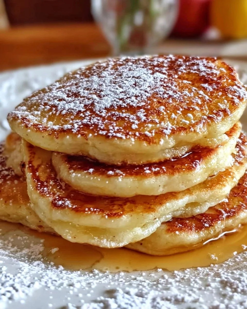 Delicious apple yogurt pancakes served with syrup and fresh fruit