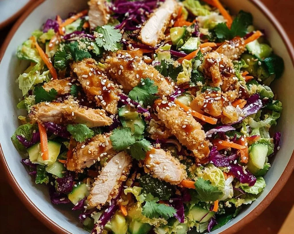 A vibrant Asian Chicken Crunch Salad with fresh vegetables and grilled chicken