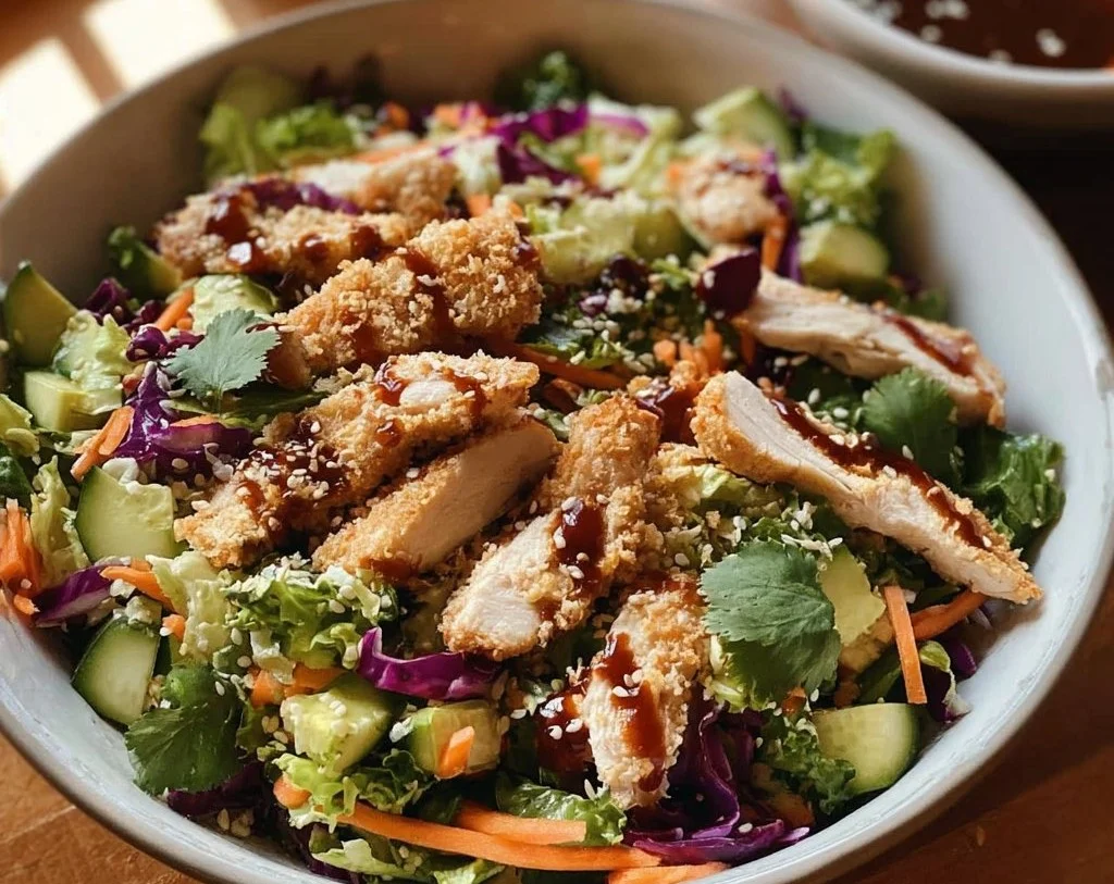 Colorful Asian Chicken Crunch Salad with fresh vegetables and savory chicken.