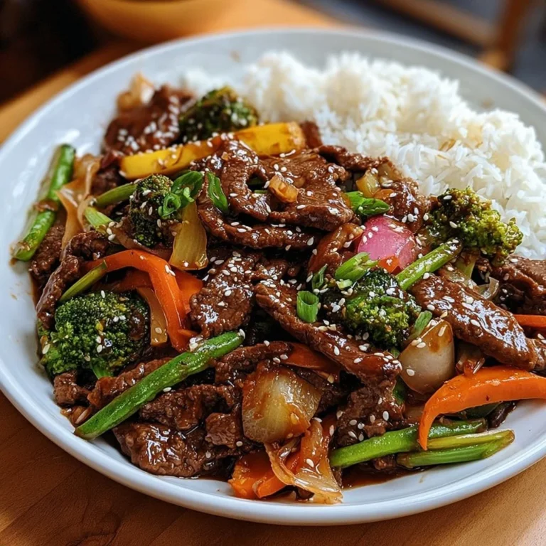 Asian Sweet Ginger Beef Stir Fry dish with colorful vegetables and tender beef slices