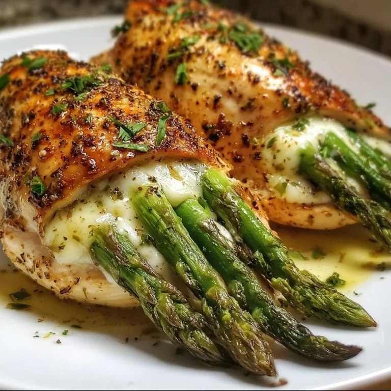 Juicy asparagus stuffed chicken breast plated with herbs and vegetables.