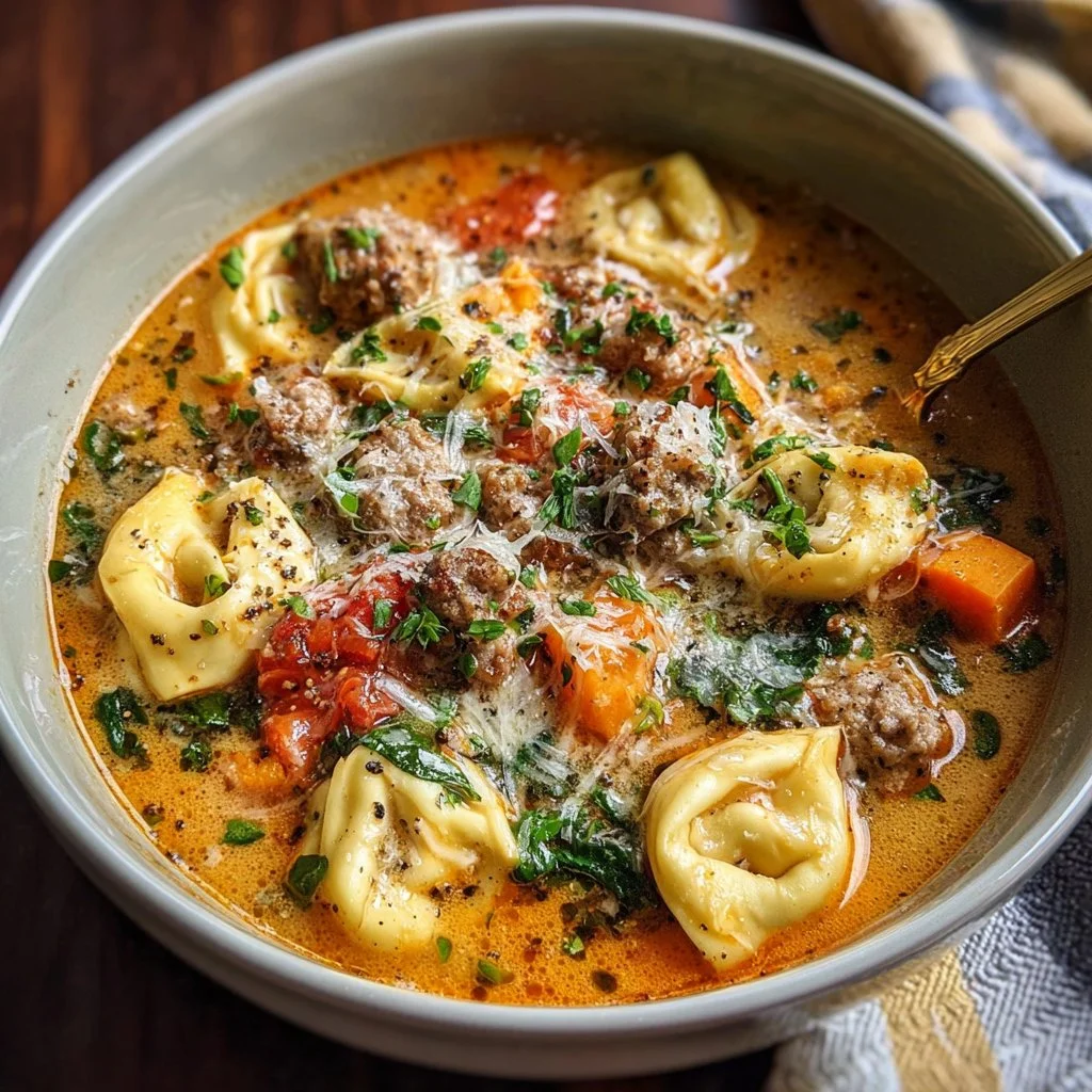 Bowl of autumn tortellini soup with sausage garnished with herbs