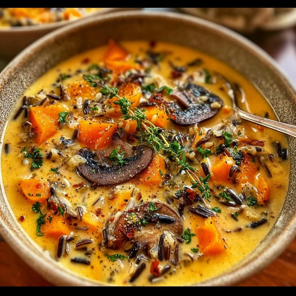 Bowl of hearty autumn wild rice soup filled with vegetables and herbs
