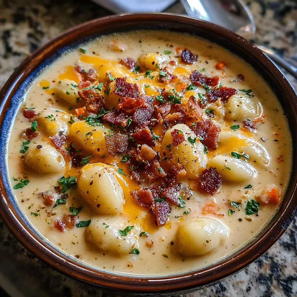 Creamy bacon cheddar gnocchi soup served in a bowl, garnished with herbs.