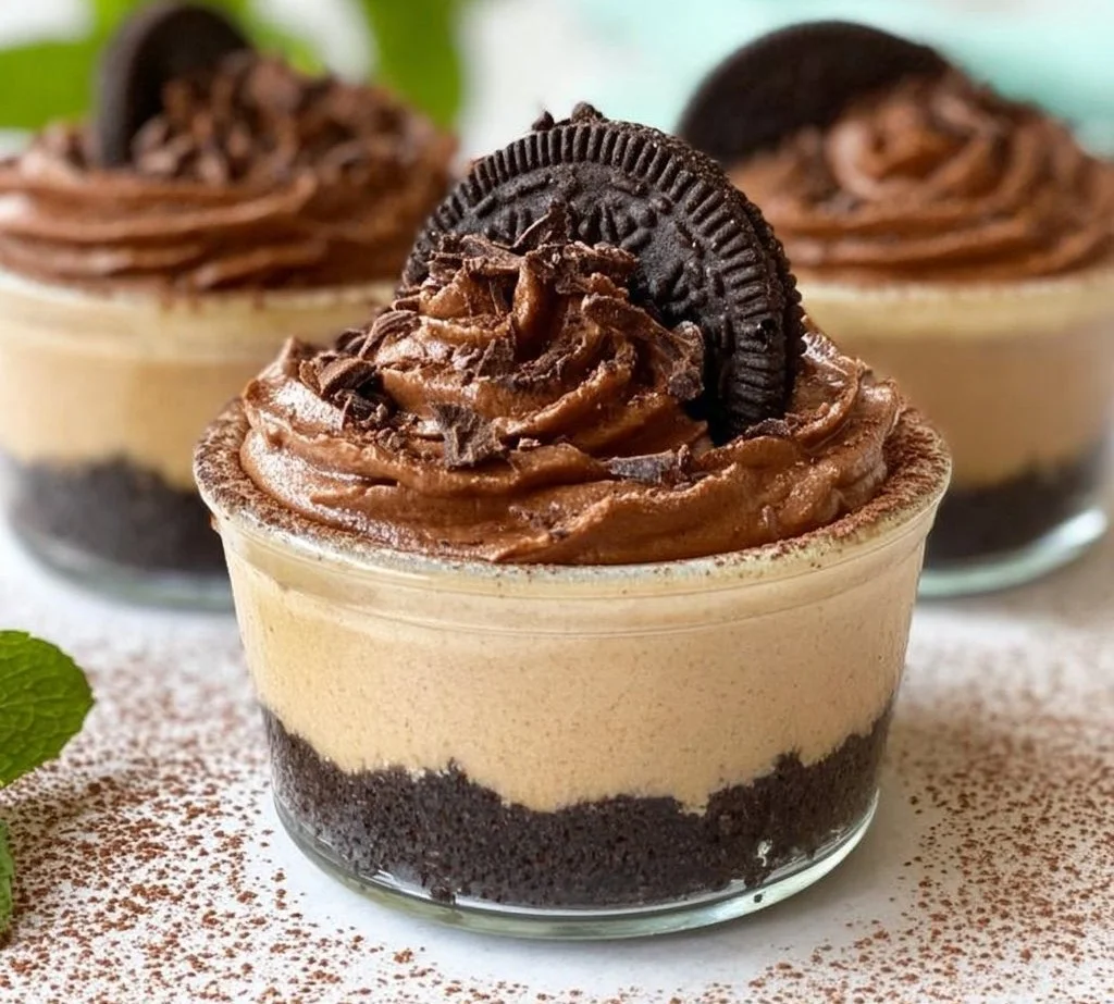 Baileys Chocolate Cheesecake Cups dessert in clear cups with chocolate garnish
