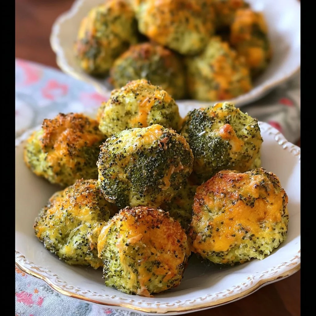 Baked broccoli cheese balls served on a plate, healthy snack option.