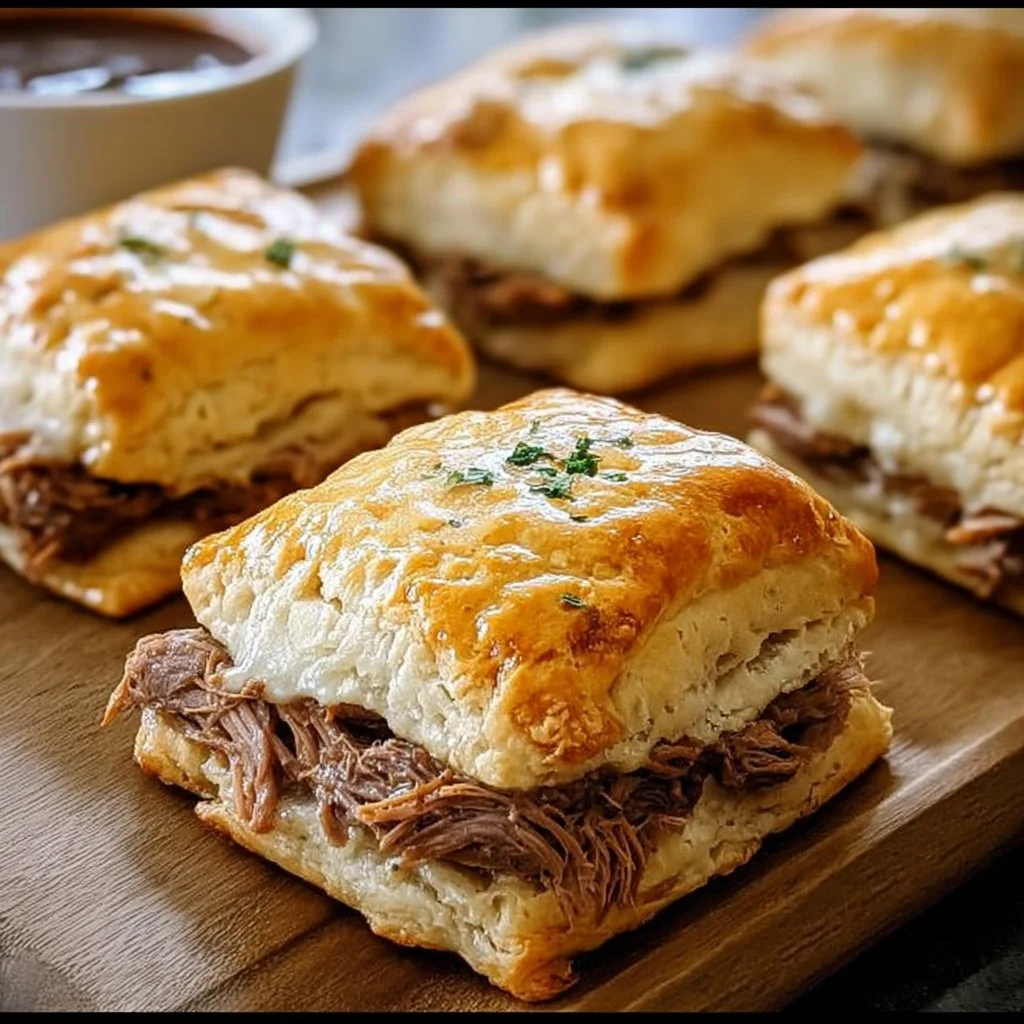 Baked French Dip Biscuits with savory beef and melted cheese