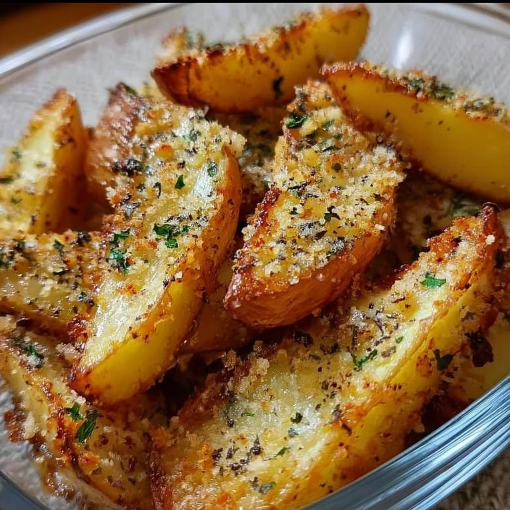 Delicious Baked Garlic Parmesan Potato Wedges on a plate