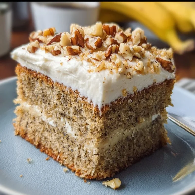 Delicious banana cake with smooth cream cheese frosting on a plate