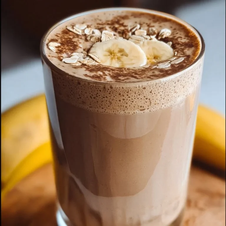 Banana Protein Coffee Smoothie topped with banana slices and coffee beans