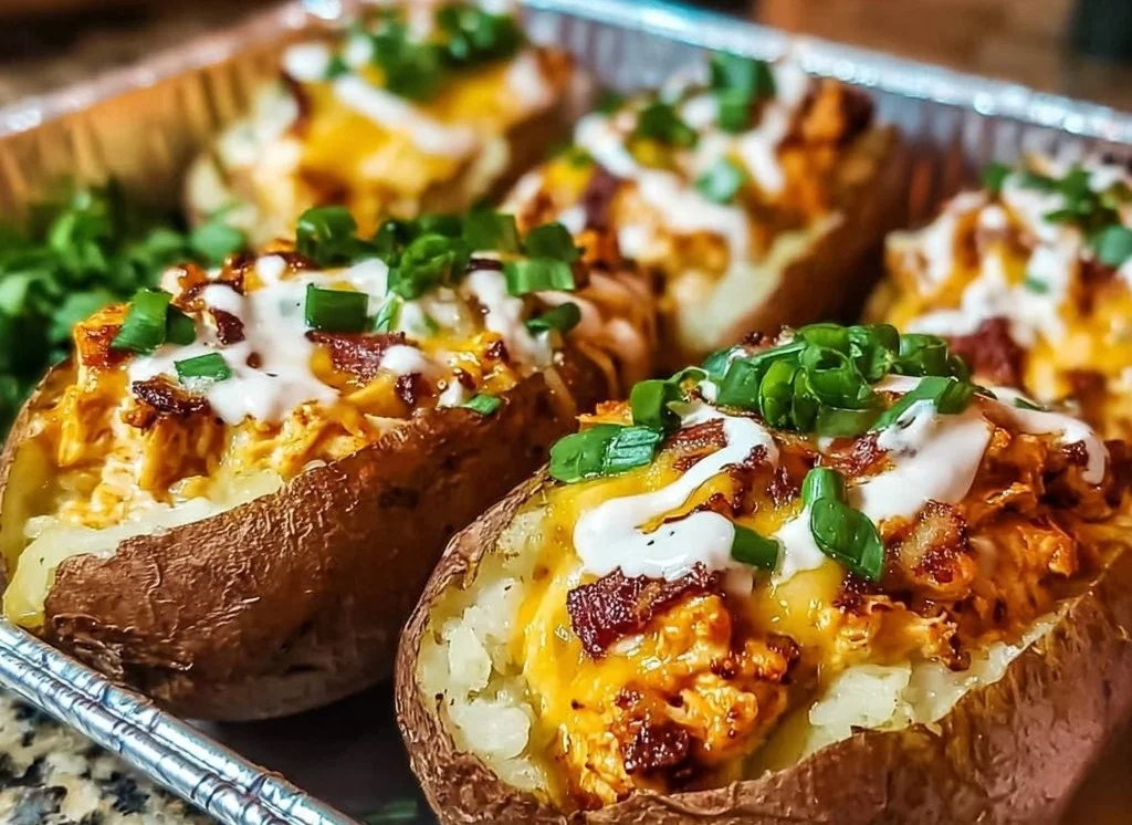 Delicious BBQ chicken stuffed baked potatoes topped with cheese and herbs
