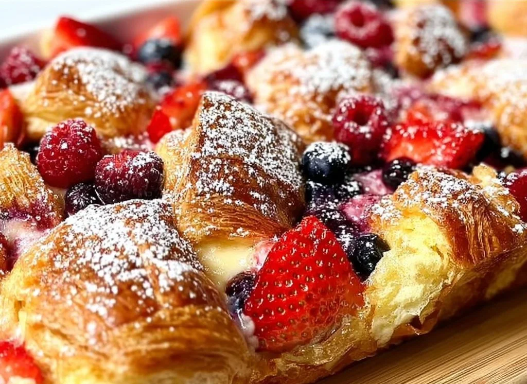 Freshly baked berry croissant with mixed berries on a plate