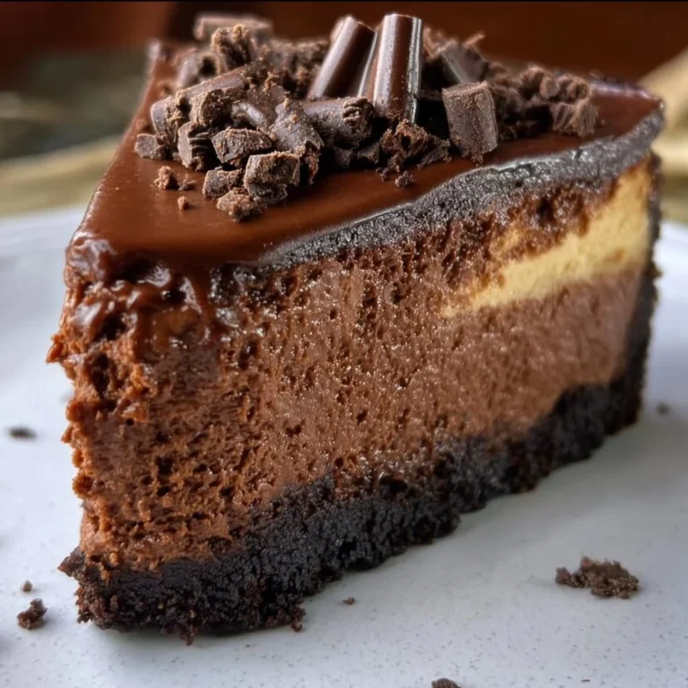 Slice of the best chocolate cheesecake ever on a elegant dessert plate