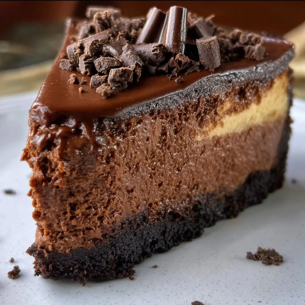 Slice of the best chocolate cheesecake ever on a elegant dessert plate