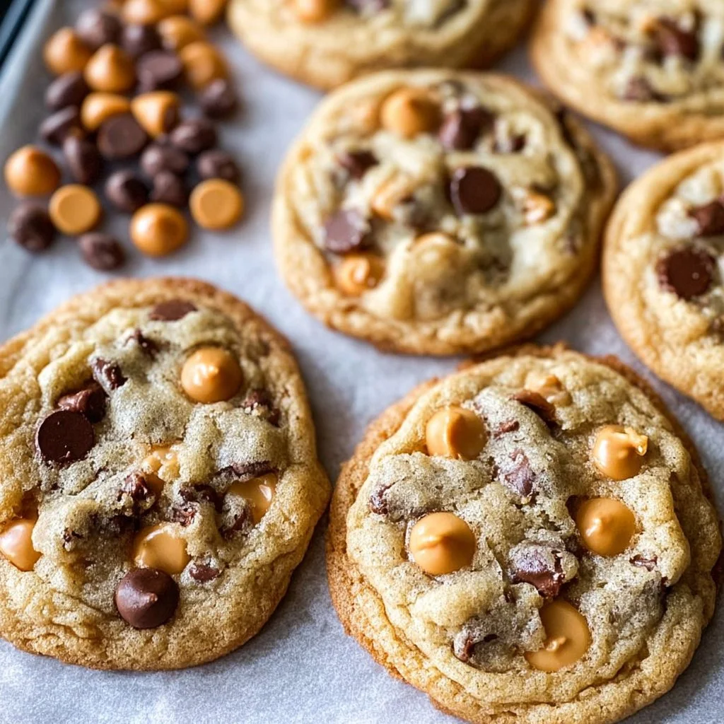Freshly baked butterscotch chocolate chip cookies on a baking sheet