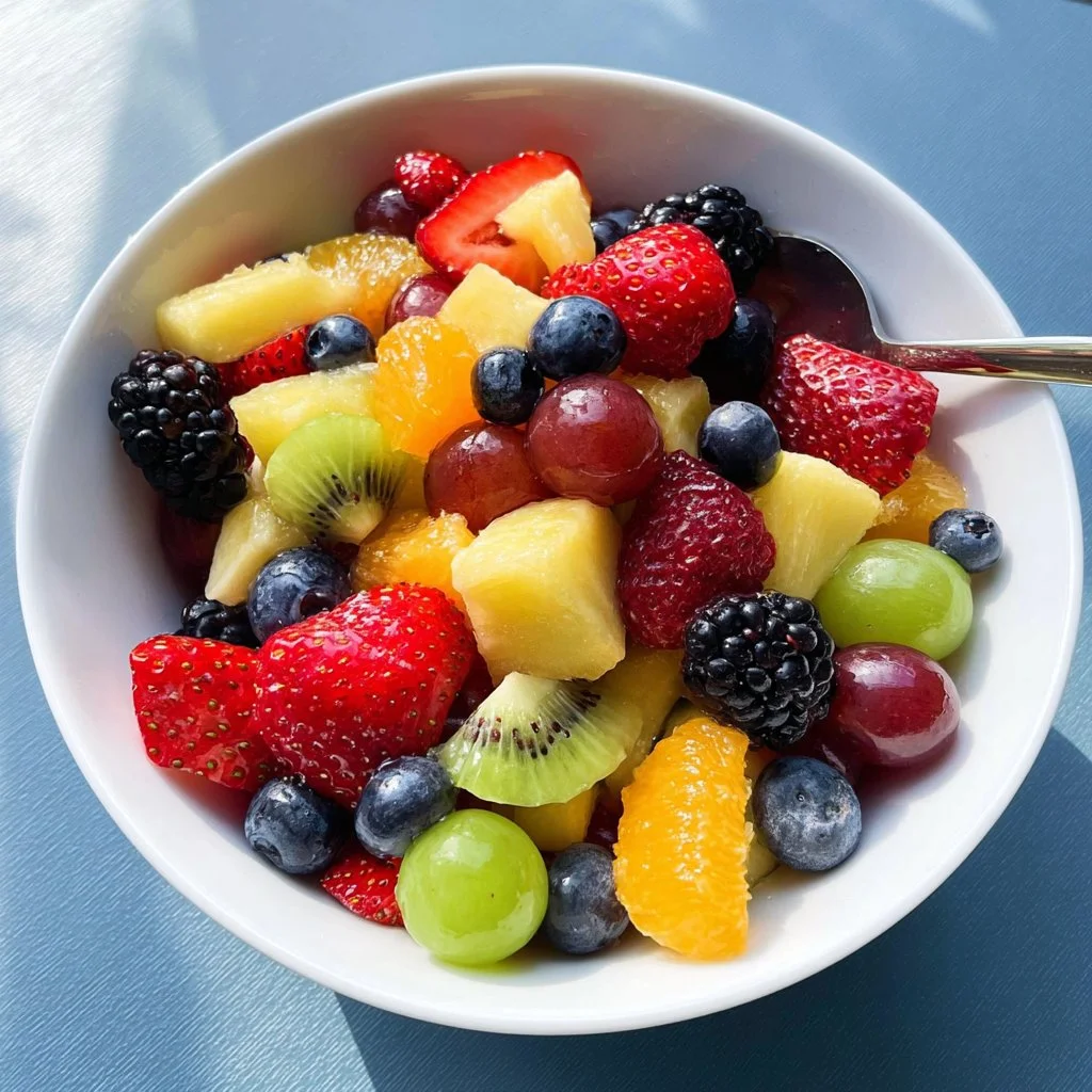 Colorful fruit salad drizzled with honey-lime dressing for a refreshing treat.