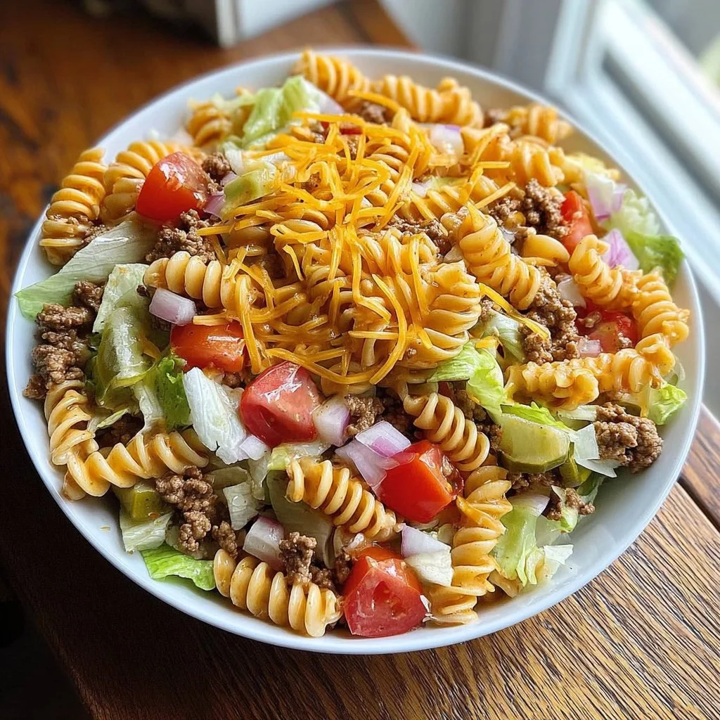 Big Mac Pasta Salad in a bowl, showcasing ingredients like pasta, cheese, and lettuce.