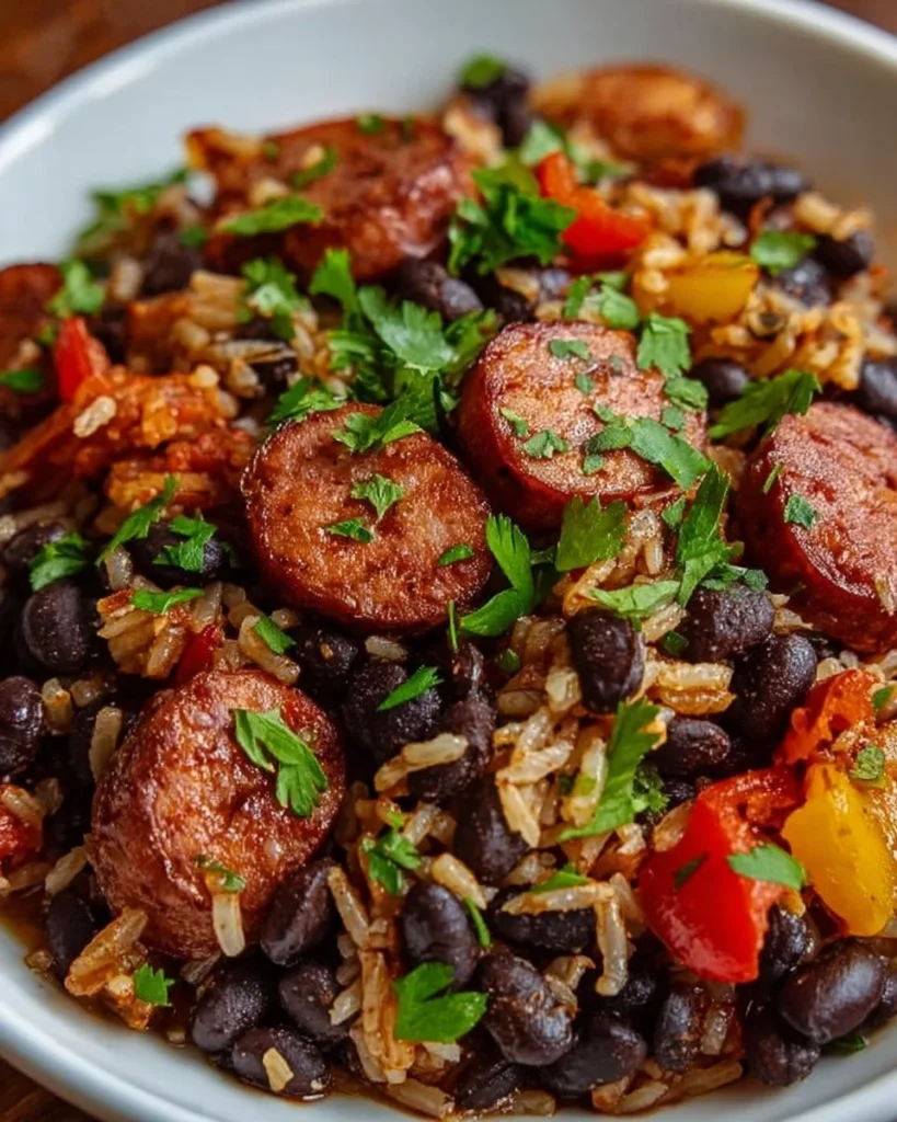 Delicious black beans and rice with sausage served in a bowl.