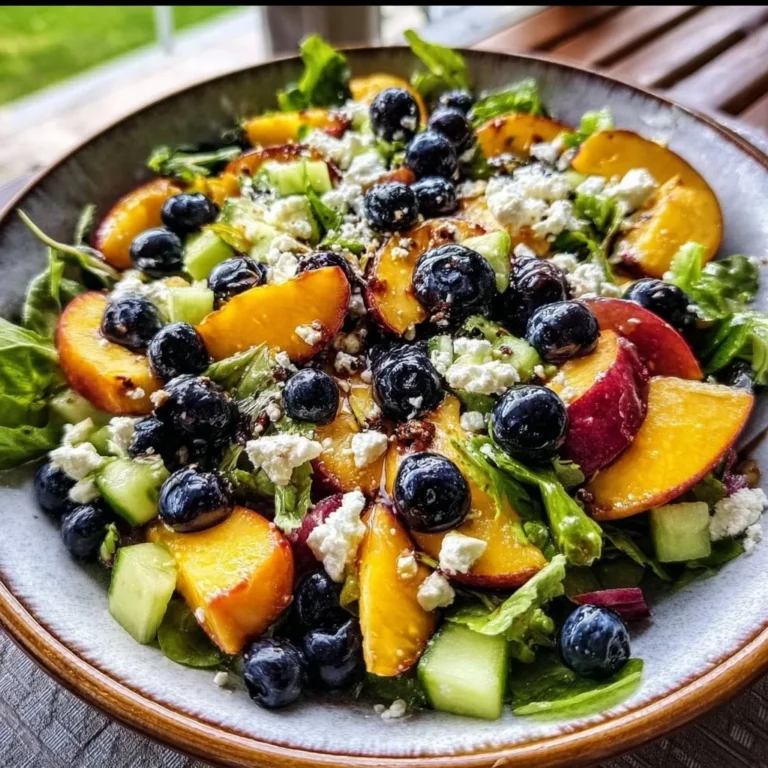 Delicious Blueberry Peach Feta Salad with lemon dressing and vibrant colors.