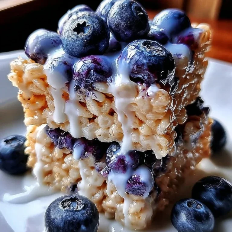 Blueberry Rice Krispies Treats drizzled with vanilla glaze on a white plate