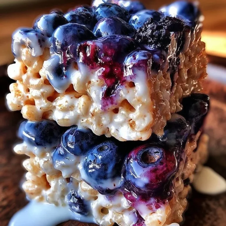 Blueberry Rice Krispies Treats topped with Vanilla Glaze on a plate