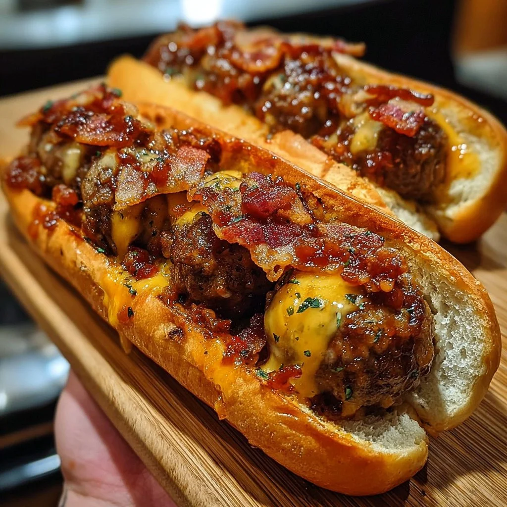 Bourbon BBQ Bacon Cheeseburger Meatball Subs served on a plate