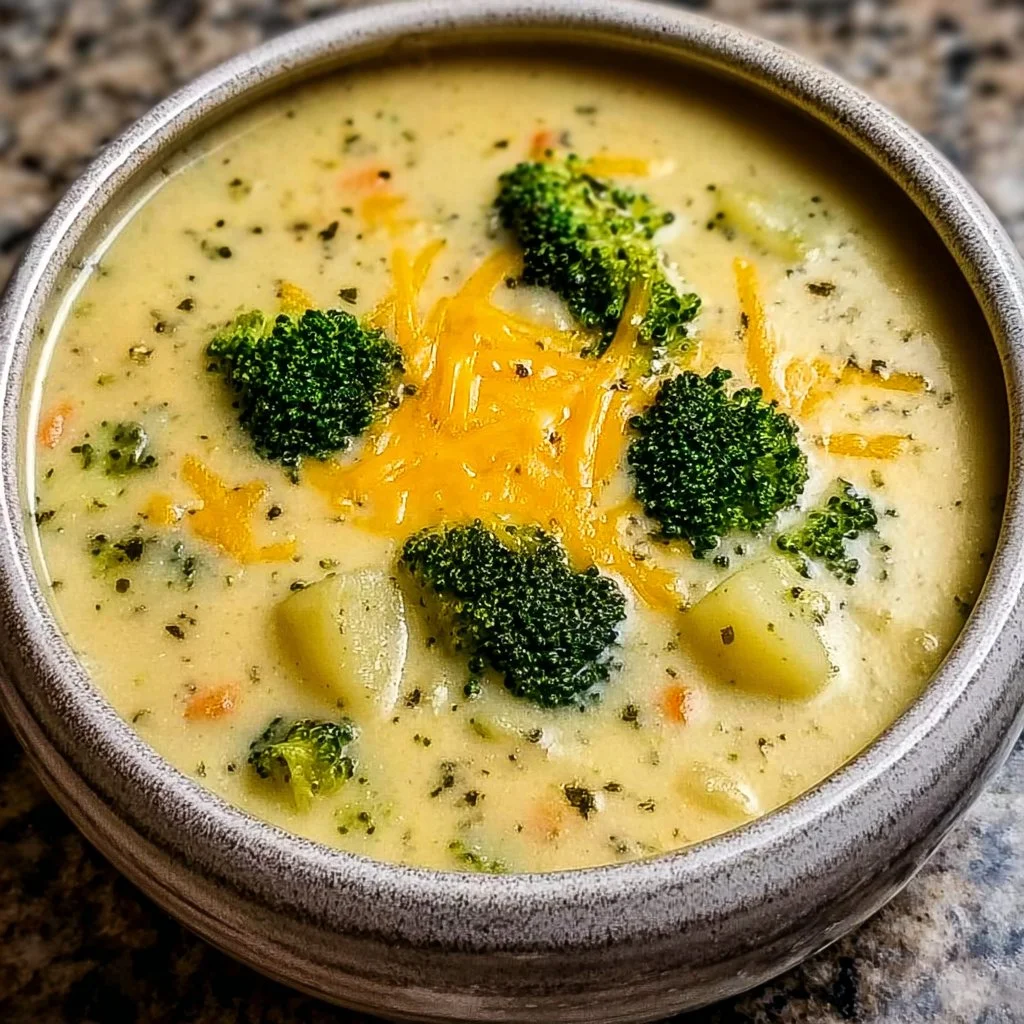 Bowl of creamy broccoli potato cheese soup garnished with herbs