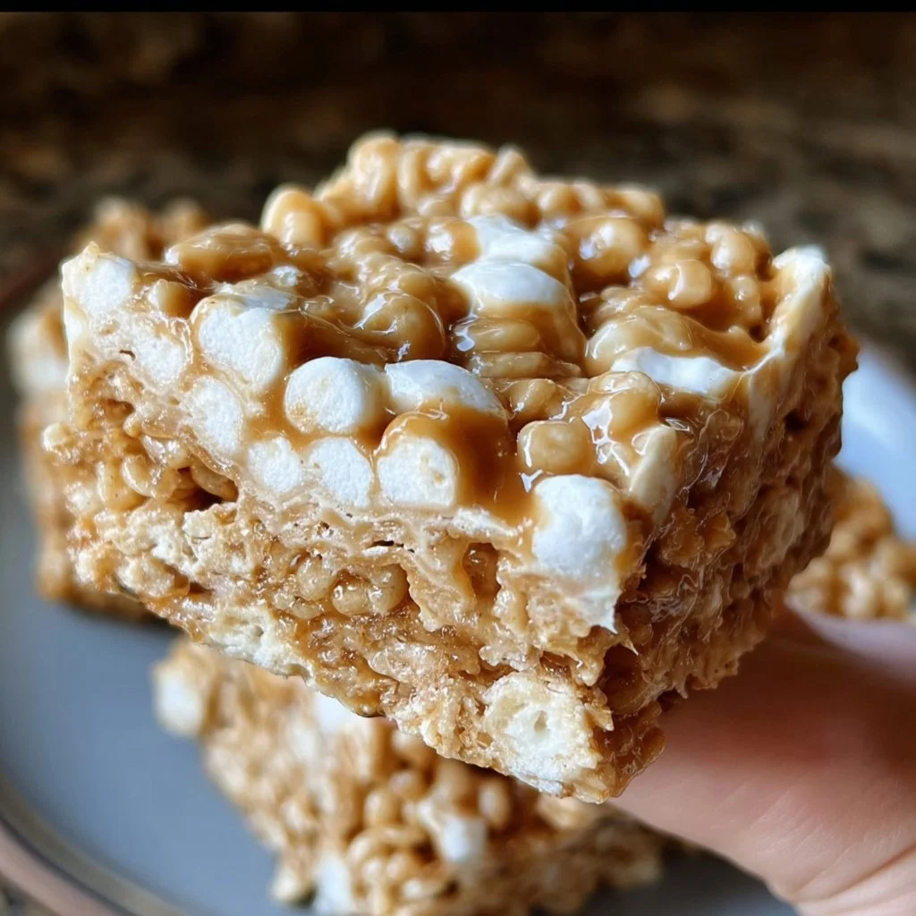Brown Butter Dulce de Leche Rice Krispie Treats with caramel drizzle