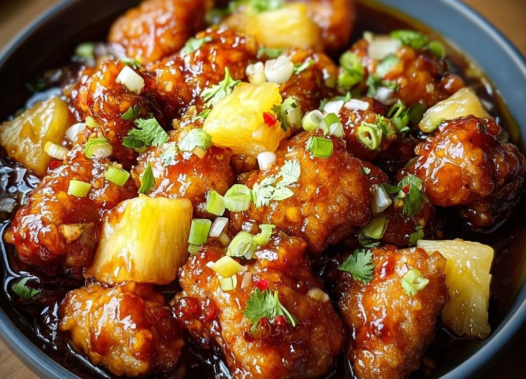 Delicious brown sugar pineapple chicken served on a plate with vibrant garnishes