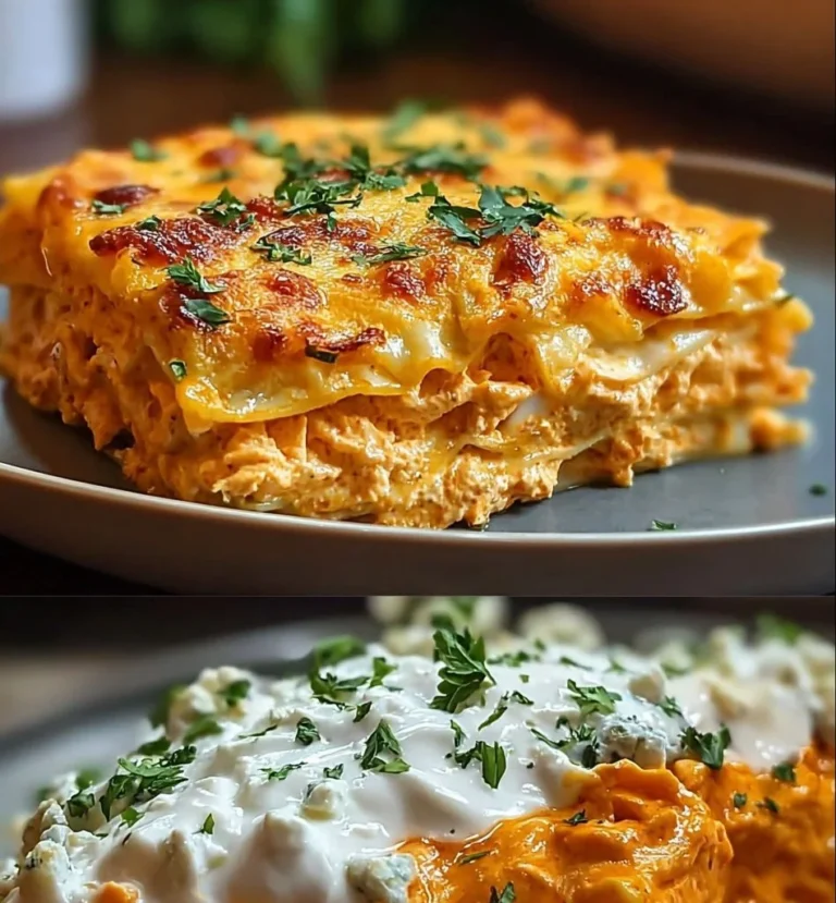 Buffalo Chicken Lasagna served in a dish, showcasing layers of chicken, cheese, and sauce.