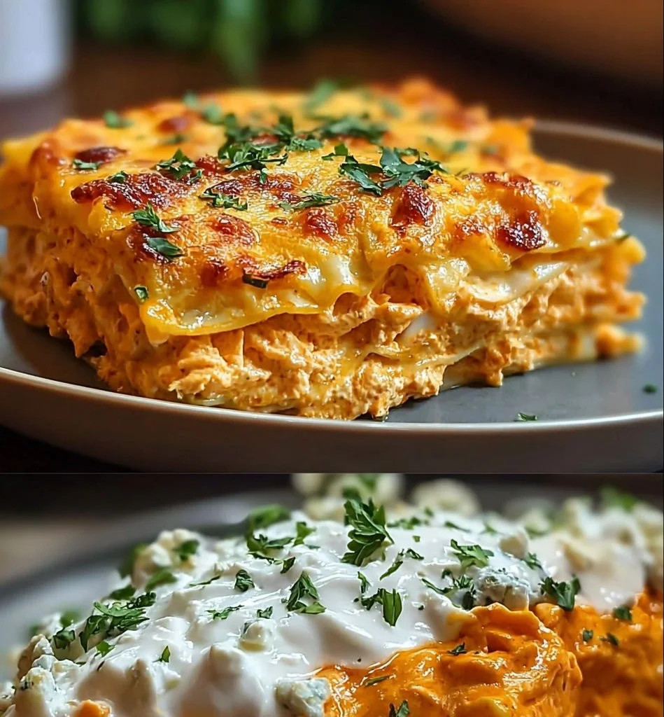 Buffalo Chicken Lasagna served in a dish, showcasing layers of chicken, cheese, and sauce.