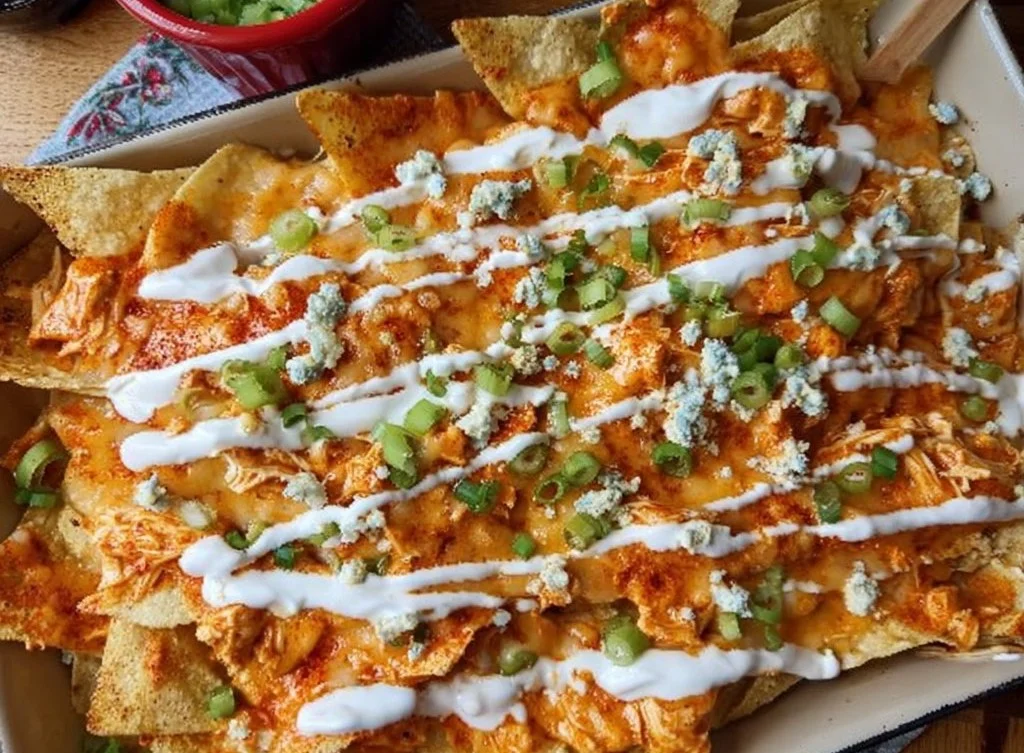 Plate of Buffalo Chicken Nachos topped with cheese, jalapeños, and green onions