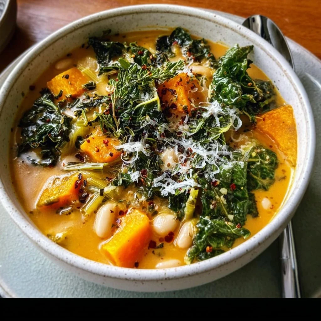 Butternut squash soup with kale and white beans in a warm bowl