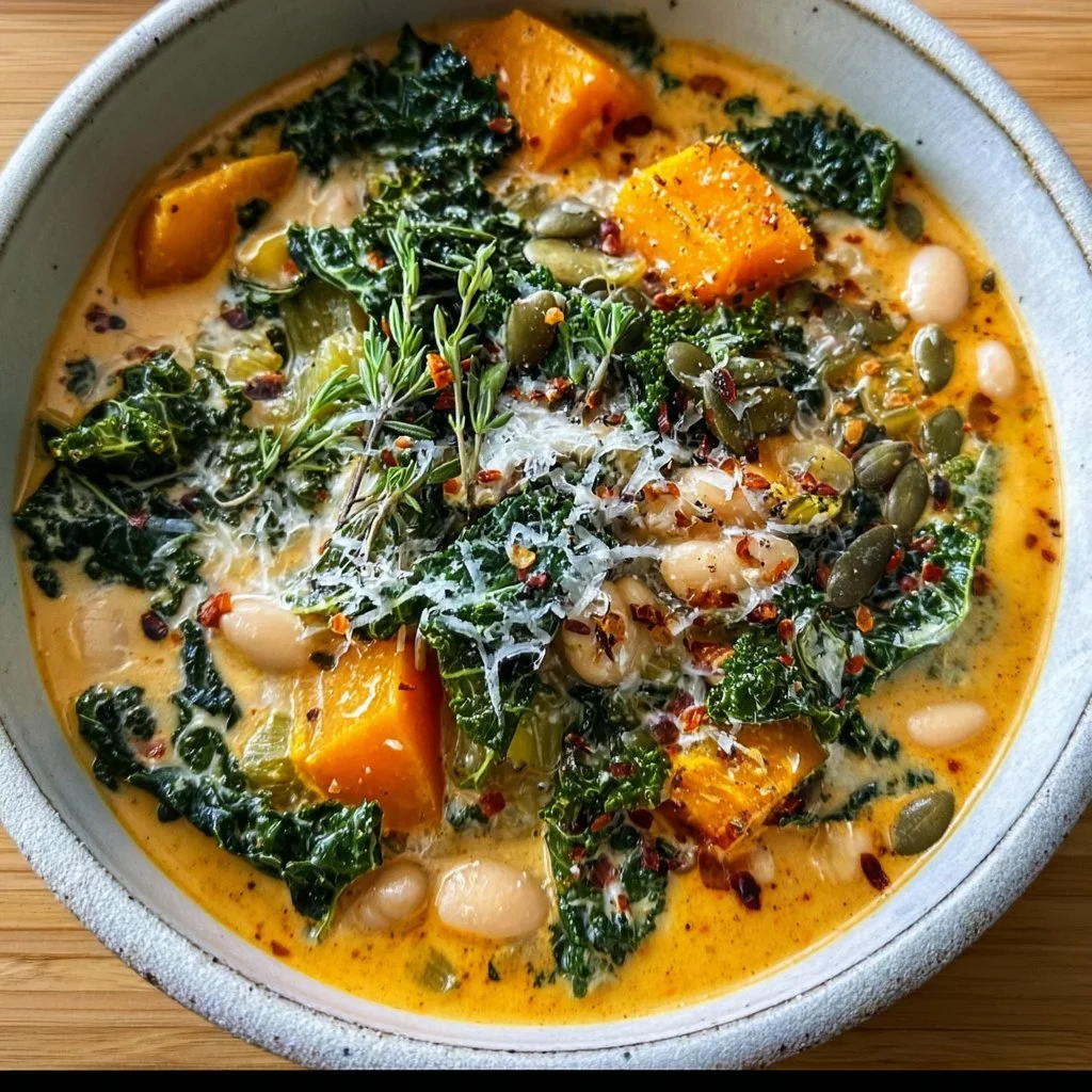 Bowl of butternut squash soup with kale and white beans, garnished with herbs.